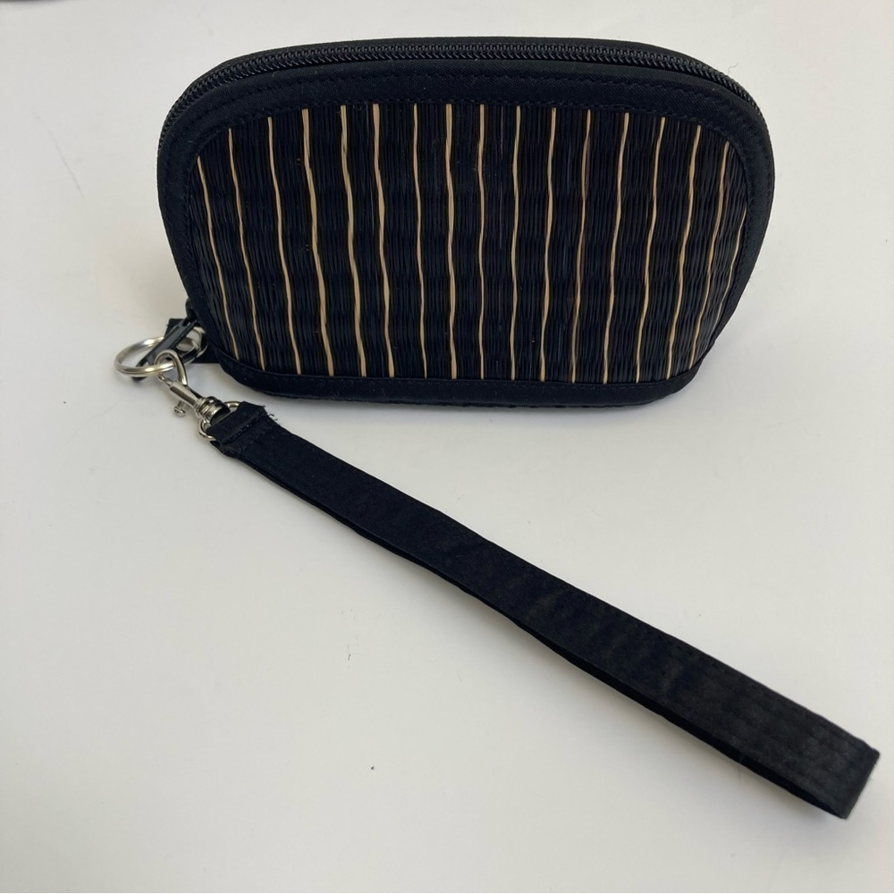 Baskets of Cambodia Woven Wristlet Make Up Bag Mini Coin Purse Black Cream OS